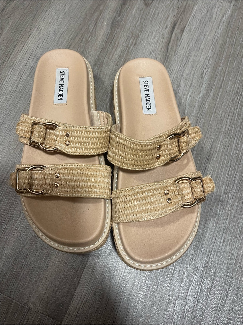 Steve Madden Tan Woven Double-Buckle Slide Sandals